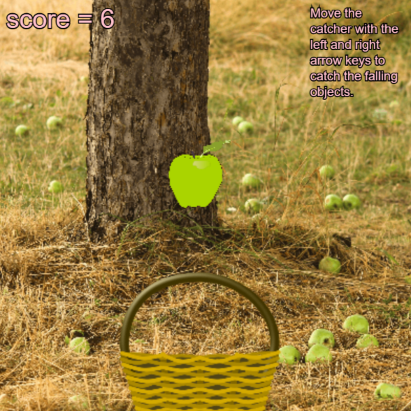 a screenshot of an apple catching game. The background is a brown tree trunk amongst brown grass with fallen green apples lying on the grass. Also on the ground is a brown wicker basket with a handle. One green apple is falling down the screen. In the left corner reads a score of 6. In the right corner are instructions on how to play the game. 
