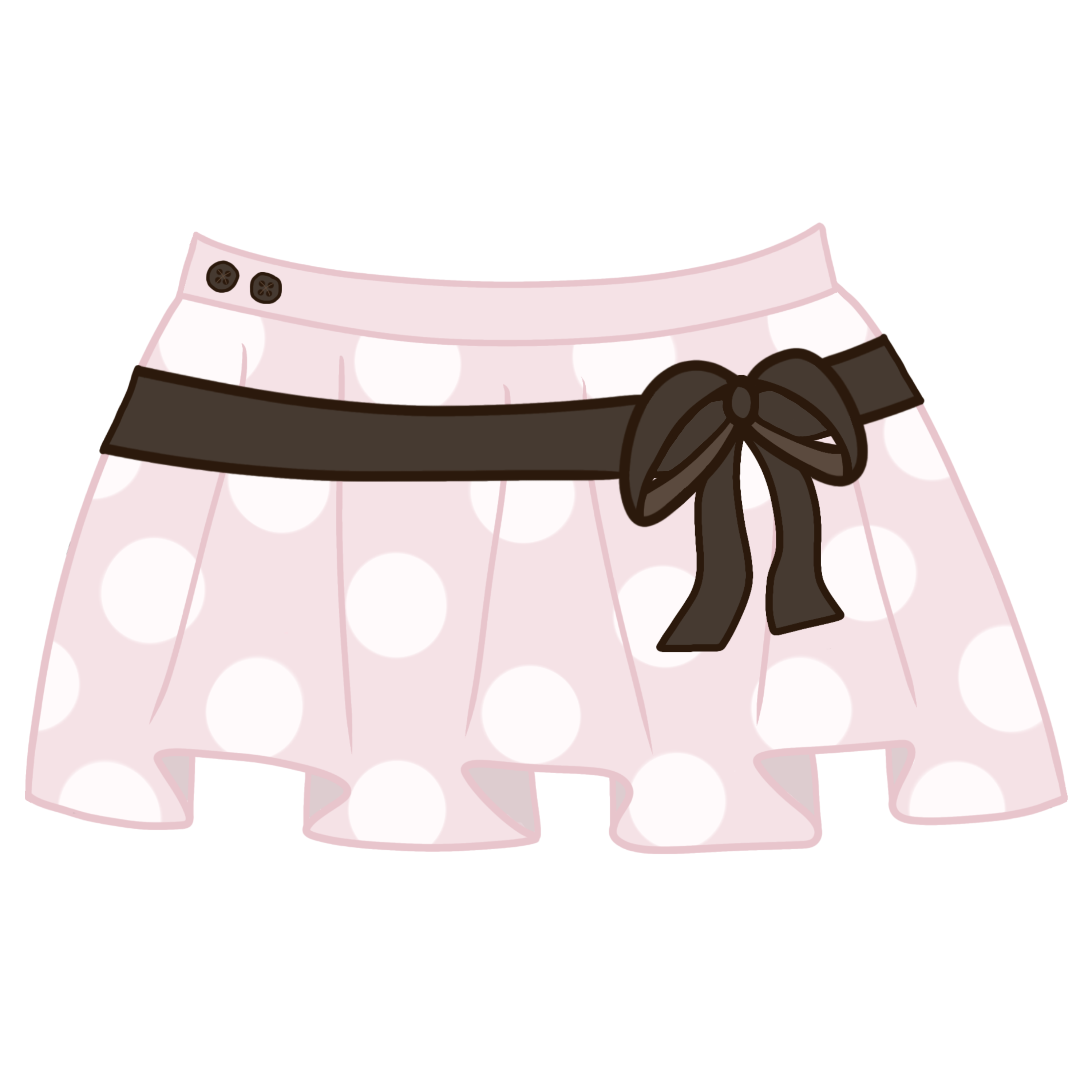 a digital drawing of a light pink pleated skirt with large white polka dots. There is a dark brown belt at the waist of the skirt that wraps around the front and creates a bow on the right side of the skirt.